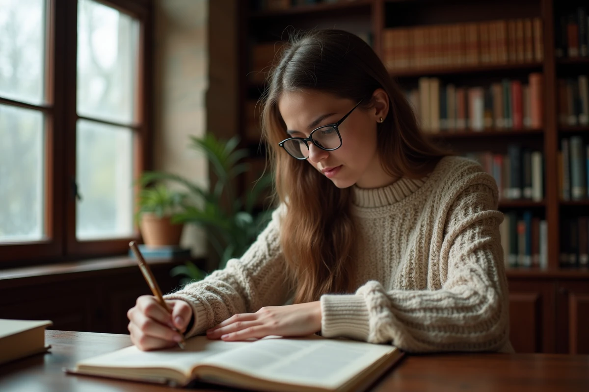 Jeune femme écrivant dans un carnet dans une bibliothèque chaleureuse