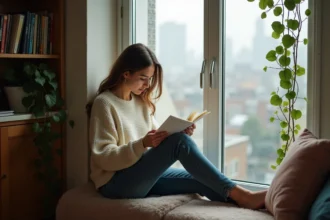 Jeune femme lisant un poème dans un salon chaleureux