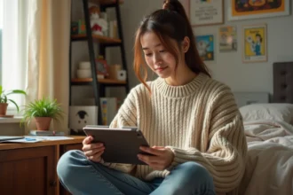 Jeune femme lisant manga sur tablette dans sa chambre