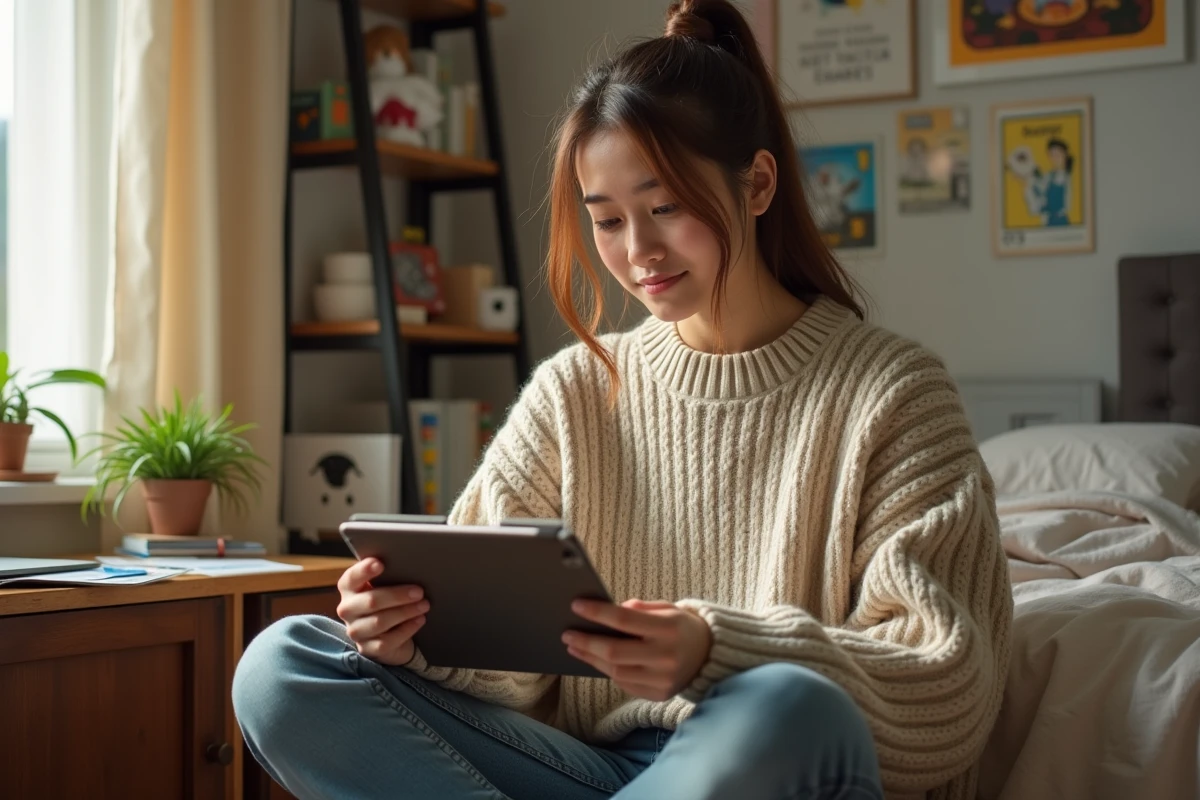Jeune femme lisant manga sur tablette dans sa chambre