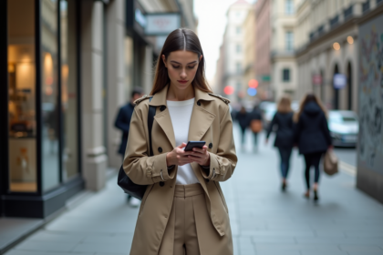 Jeune femme stylée en trench dans une rue urbaine