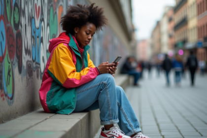 Jeune femme urbaine en denim et windbreaker coloré