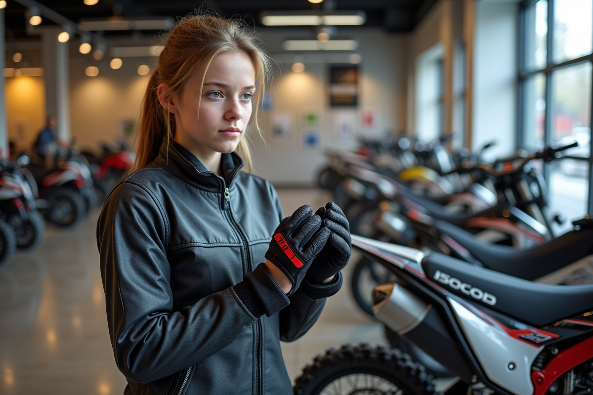 Jeune fille ajustant ses gants devant des motos en showroom