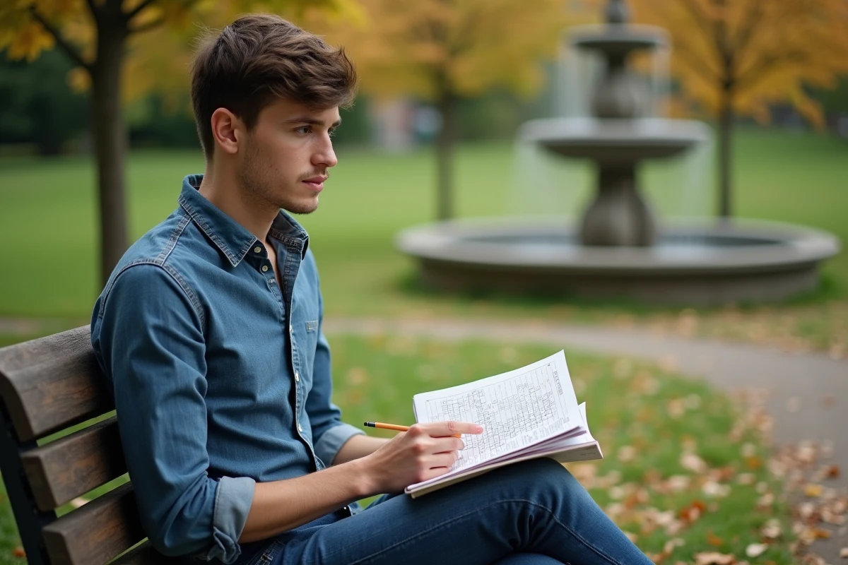 Jeune homme résolvant un croixsudoku en plein air au parc