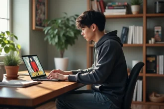 Jeune homme lisant One Punch Man sur son ordinateur