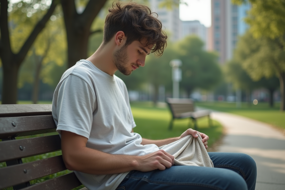 Jeune homme assis sur un banc de parc tenant un T-shirt usé