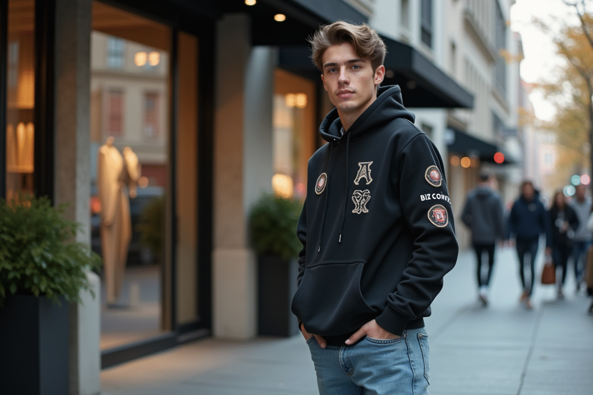 Jeune homme en streetwear devant boutique urbaine élégante