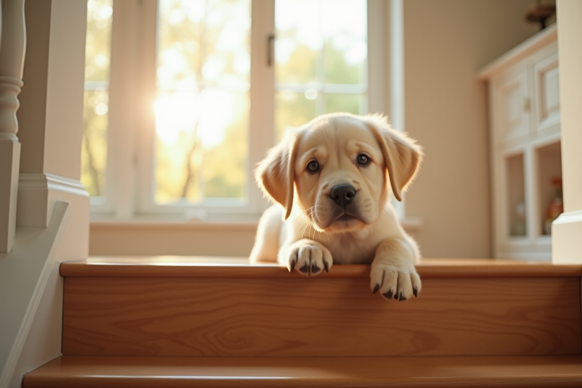 Jeune labrador regardant par-dessus la rampe d