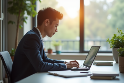 Jeune professionnel utilisant un laptop dans un bureau lumineux