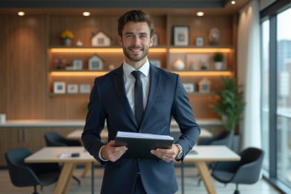 Jeune homme en costume dans un bureau immobilier moderne