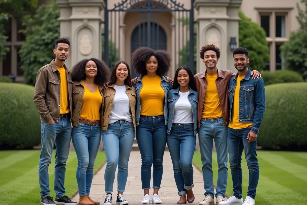 Groupe de jeunes devant une grande maison historique
