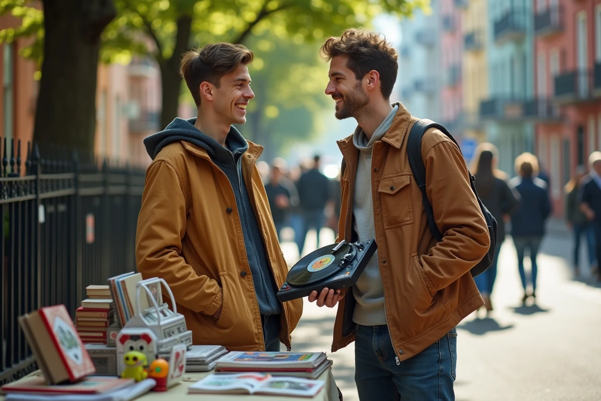 Deux jeunes hommes discutant près d une brocante en plein air