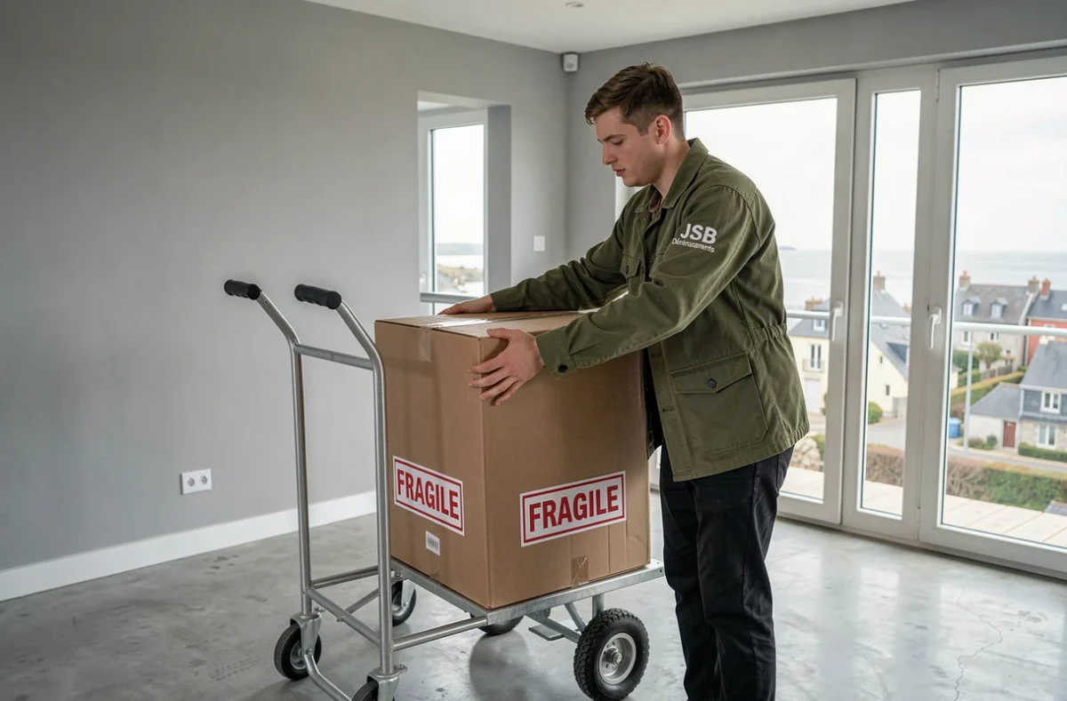 Déménageur JSB Déménagements plaçant un carton fragile sur un diable dans un appartement moderne du Finistère