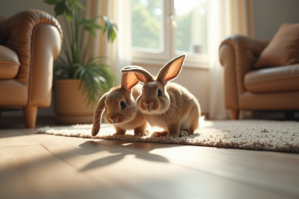 Lapin dwarf lop dans un salon moderne lumineux
