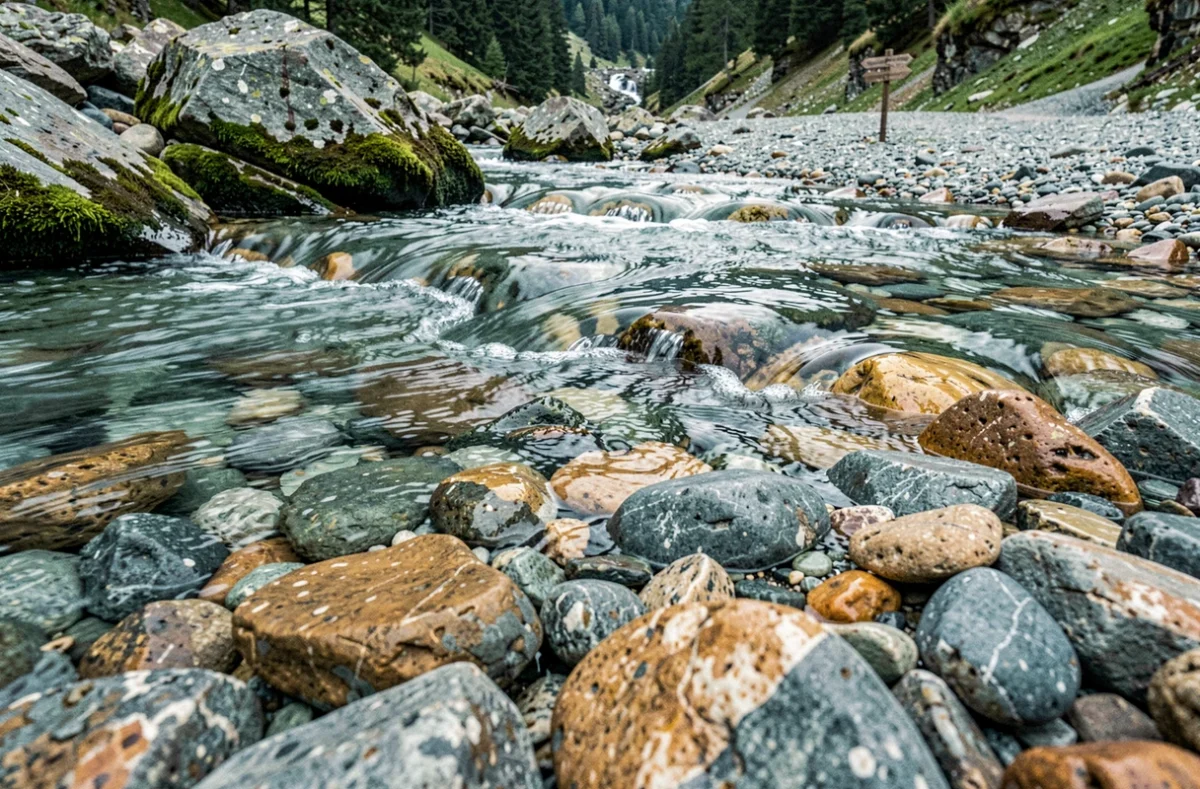 Gros plan sur le lit rocailleux d'une rivière de montagne française avec eau claire et pierres lisses illustrant les notions de bassin versant