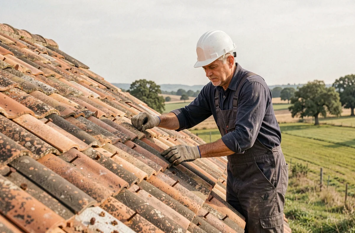 Couvreur expérimenté posant des tuiles en terre cuite sur une ferme traditionnelle en Haute-Garonne