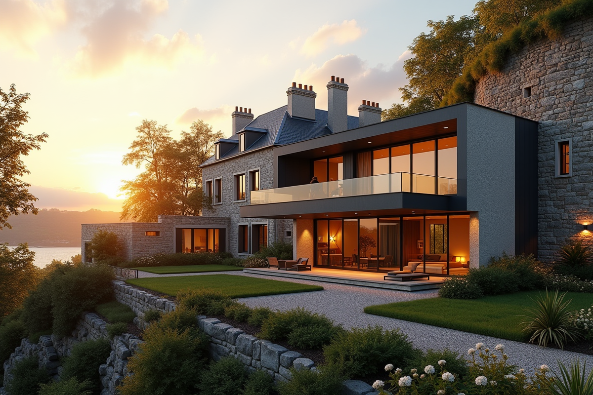 Maison moderne avec grandes fenêtres près des remparts