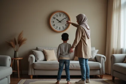 Maman et son enfant regardent une horloge dans un salon chaleureux