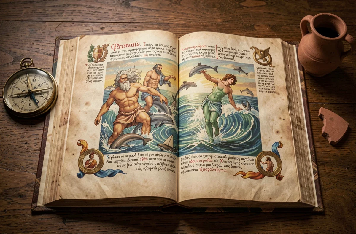 Manuscrit illustré ancien ouvert sur une table montrant des divinités grecques de la mer Protée et Glaucus avec annotations en grec classique