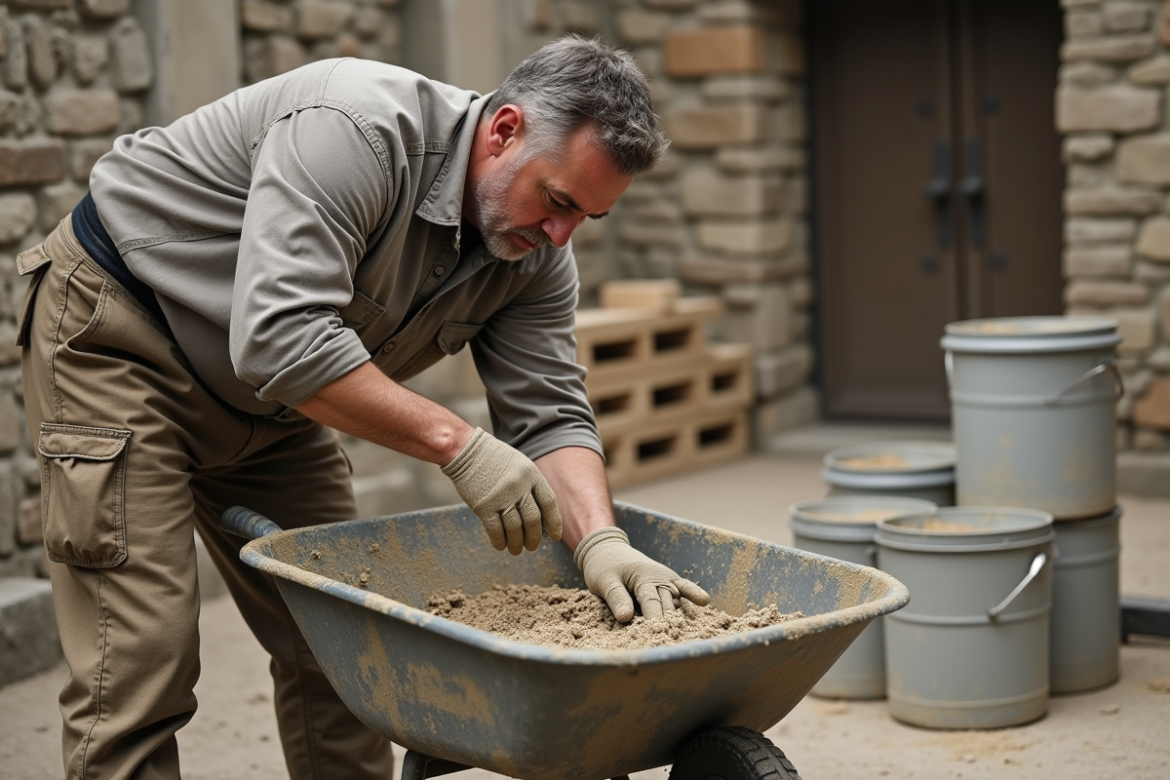 Maçon expérimenté mélange mortier à la chaux sur un site historique