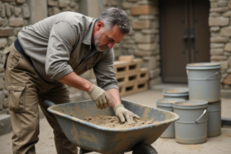 Maçon expérimenté mélange mortier à la chaux sur un site historique