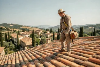 Couvreur professionnel sur un toit en tuiles traditionnelles en Occitanie avec paysage du sud de la France en arrière-plan