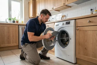 Technicien en réparation d'électroménager examinant une machine à laver dans une cuisine moderne du Grand Est