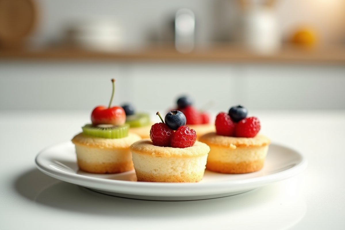 Mini gâteaux nature avec fruits frais sur assiette blanche