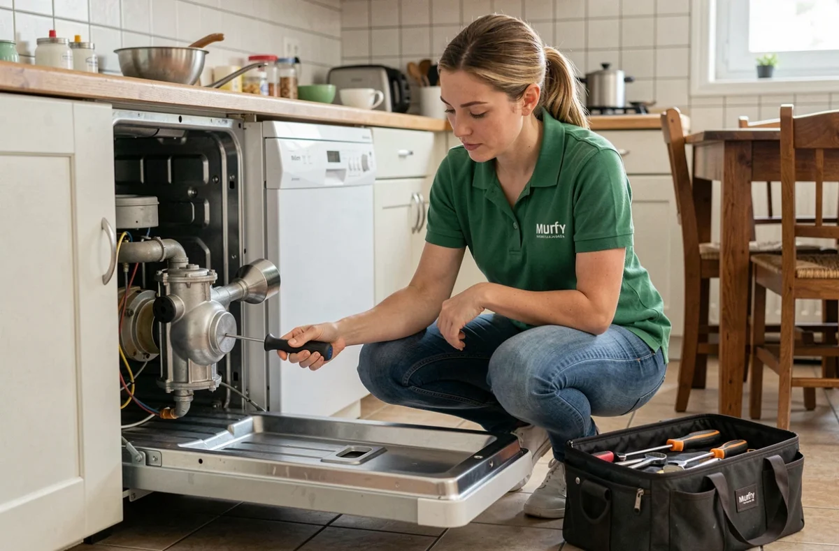 Technicienne Murfy en intervention à domicile réparant un lave-vaisselle dans une cuisine française