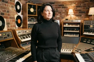 Femme artiste française aux cheveux sombres dans un studio d'enregistrement vintage à Paris, entourée de synthétiseurs et de vinyles, évoquant l'univers musical de Niagara