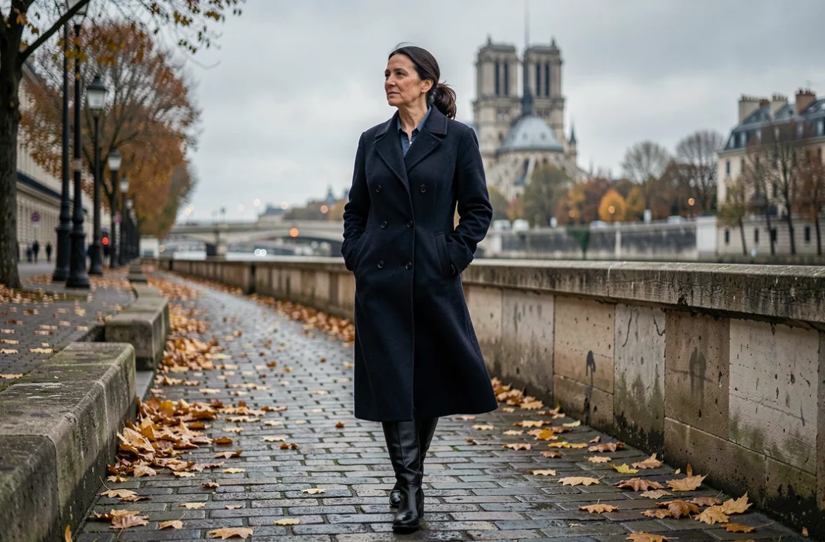 Femme artiste française marchant seule au bord de la Seine à Paris en automne, vêtue d'un manteau marine, dans une atmosphère contemplative évoquant un retour discret sous les feux des médias