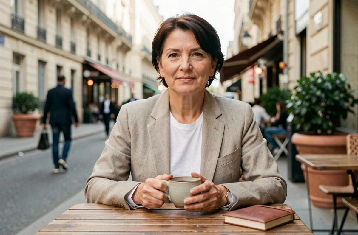 Ancienne chanteuse française posant en terrasse de café parisien avec un carnet et un café, représentant la vie créative et artistique après la célébrité