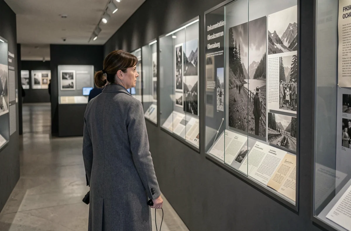 Visiteuse dans le couloir d'exposition du centre de documentation d'Obersalzberg à Berchtesgaden