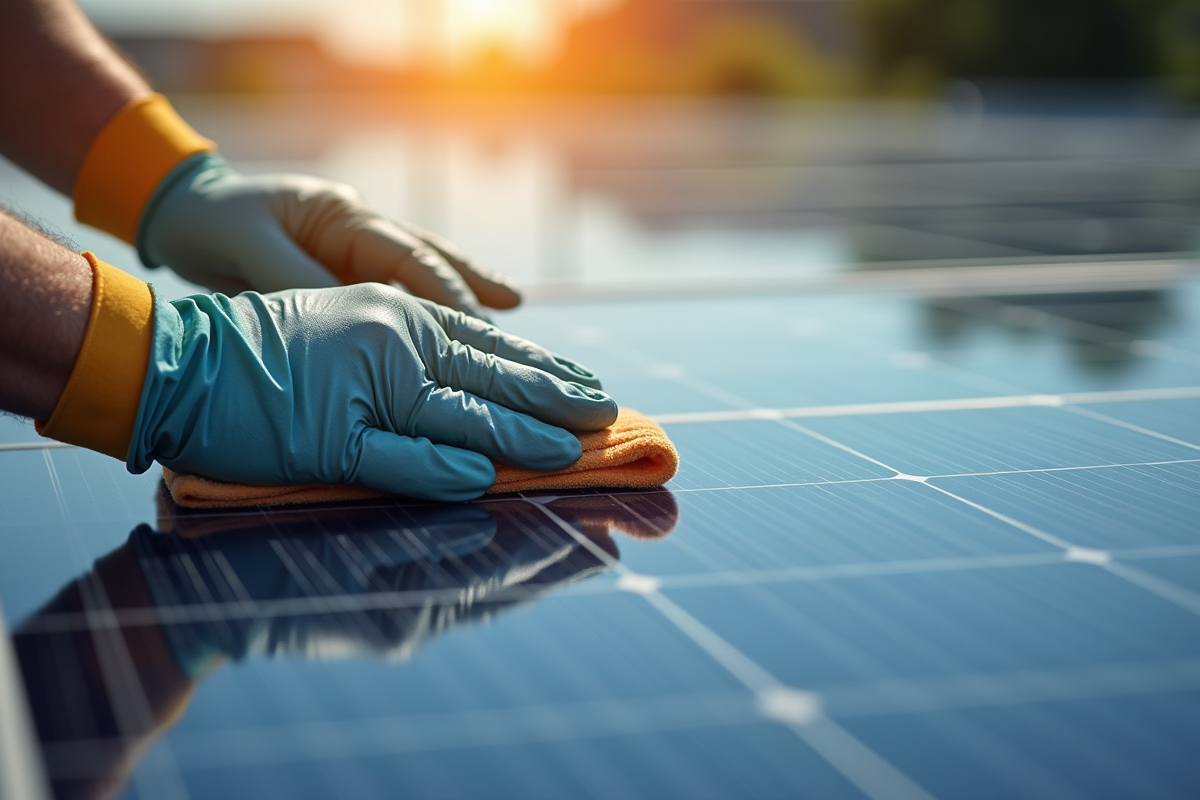 Mains gantées nettoyant délicatement un panneau solaire