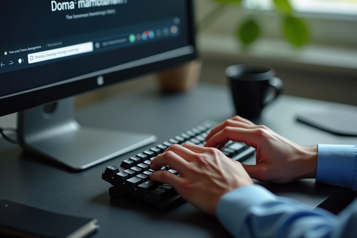 Gros plan de mains tapant sur un clavier avec une page de changement d'adresse de domaine visible à l'écran en arrière-plan