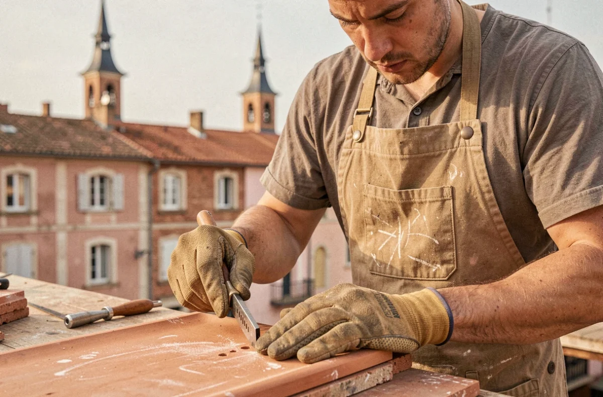 Artisan couvreur decoupant une tuile en terre cuite à la main sur les toits de Toulouse