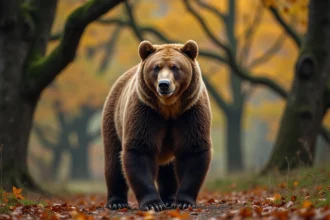 Grand ours brun debout dans une forêt automnale, symbole de protection et de puissance dans l'interprétation des rêves