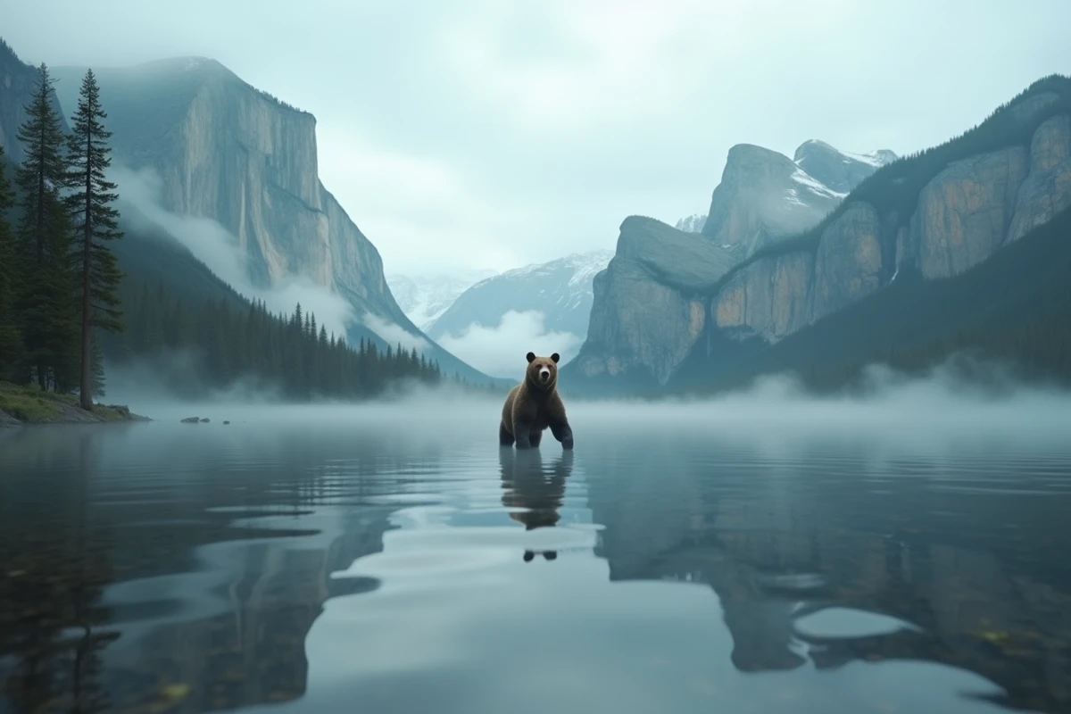 Ours sauvage au bord d'un lac de montagne dans la brume matinale, image ambiguë entre rêve menaçant et protecteur