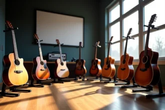 Support de guitare bien agencé dans un studio de musique