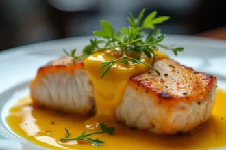 sauce au safran dorée servie avec un filet de rouget