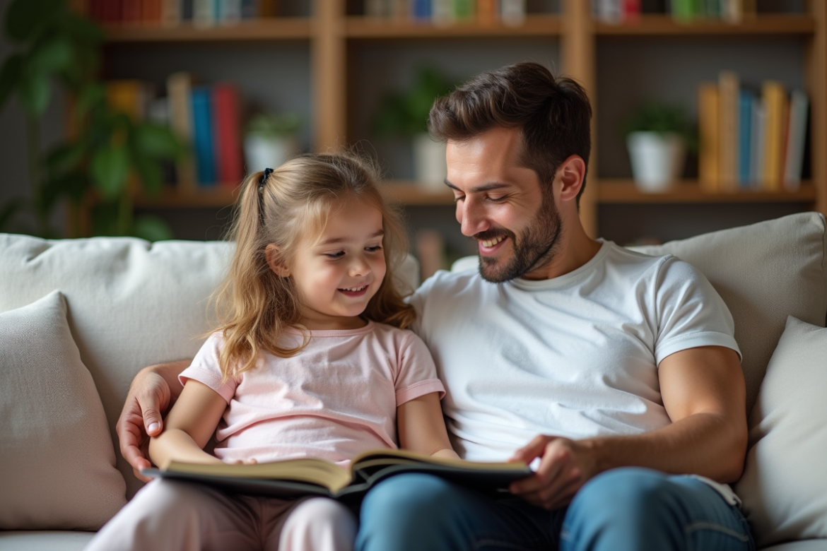 Père et fille regardant un album photo dans le salon