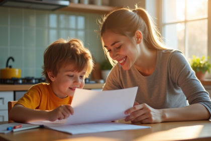 Parent et enfant regardant un bulletin scolaire à la table