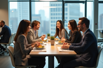 Groupe de collègues déjeunant dans une cafetéria moderne