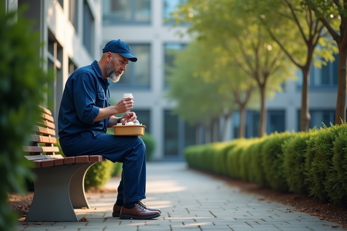 Employé mangeant son repas en extérieur dans la cour