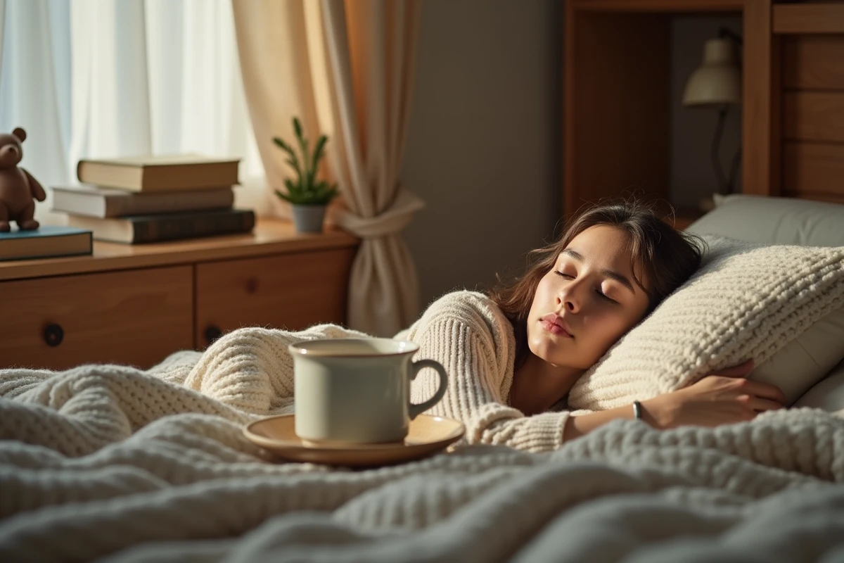 Personne endormie paisiblement avec une figurine d'ourson sur la table de nuit, évoquant le symbolisme du rêve protecteur