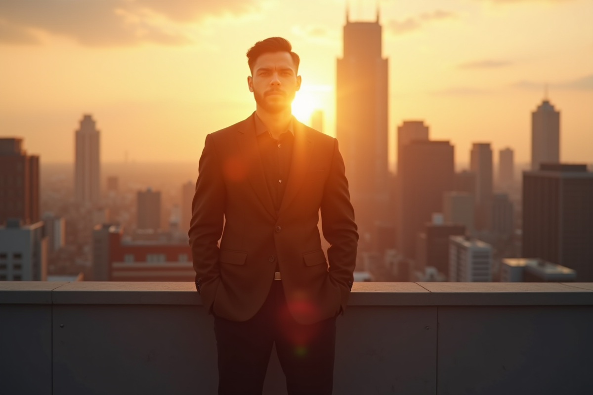 Personne confiante sur un rooftop au coucher de soleil
