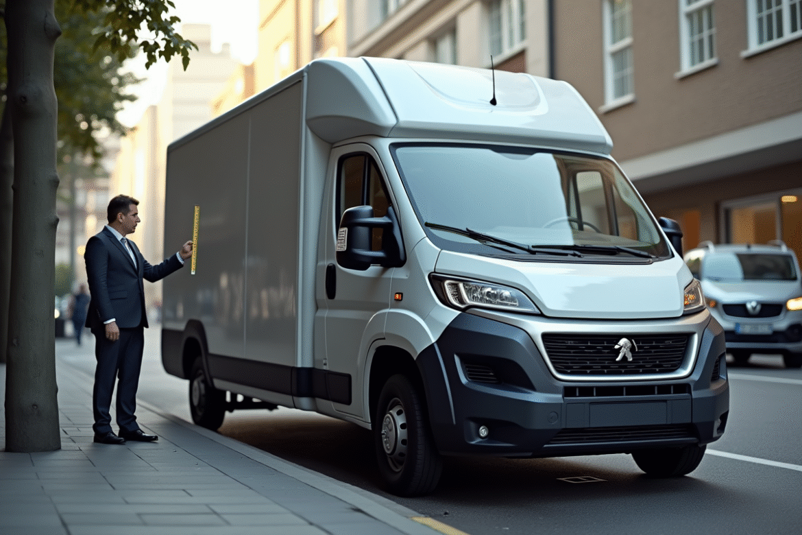 Peugeot Boxer vu de côté en ville avec personne mesurant sa longueur
