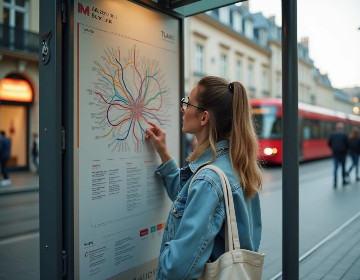 Voyageuse consultant le plan du réseau tramway TBM Bordeaux avec les lignes A B C D E F