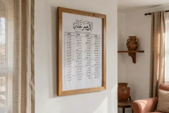 Planning hebdomadaire des heures de prières affiché dans un cadre en bois sur le mur d'un salon à Narbonne