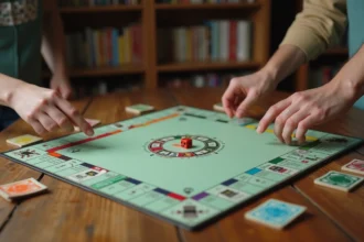 Plateau de jeu Monopoly ouvert sur une table en bois avec des dés et des cartes de propriété colorées pendant une partie en famille